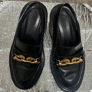 Tory Burch Black Leather Loafers with Gold Chain